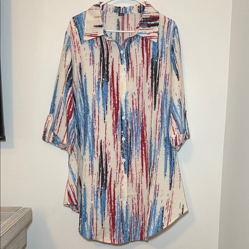 SHEIN Curve collared Abstract Print Button Down Blouse Roll Tab 3/4 sleeves 2XL
